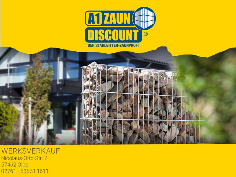 Gabionenkorb vor gelbem Hintergrund mit Logo 'A1 Zaun Discount'