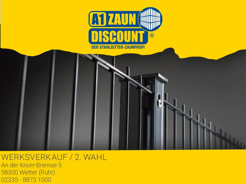 Nahaufnahme Doppelstabmatte vor gelbem Hintergrund mit Logo 'A1 Zaun Discount'
