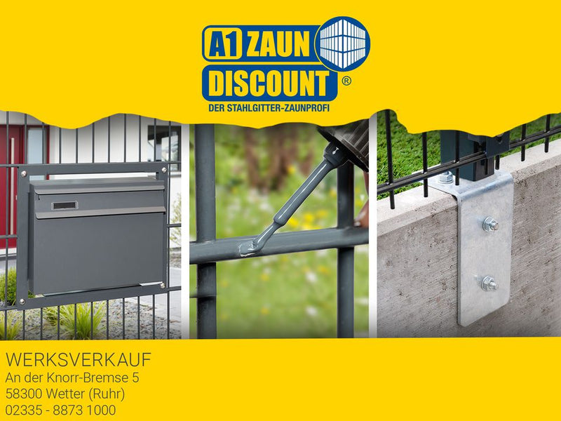 Zubehör vor gelbem Hintergrund mit Logo 'A1 Zaun Discount'