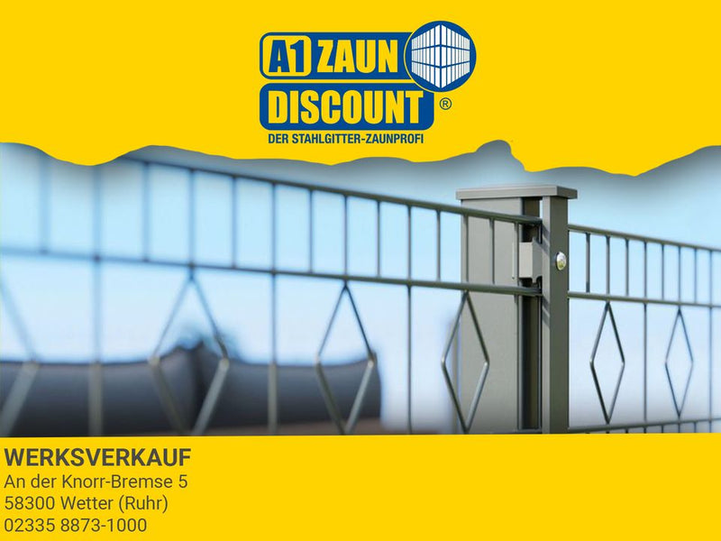 Nahaufnahme Doppelstabmatte mit Rauten-Ornamenten vor gelbem Hintergrund mit Logo 'A1 Zaun Discount' 