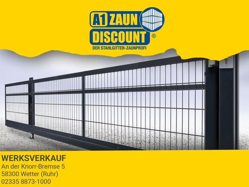 Schiebetor vor gelbem Hintergrund mit Logo 'A1 Zaun Discount' 