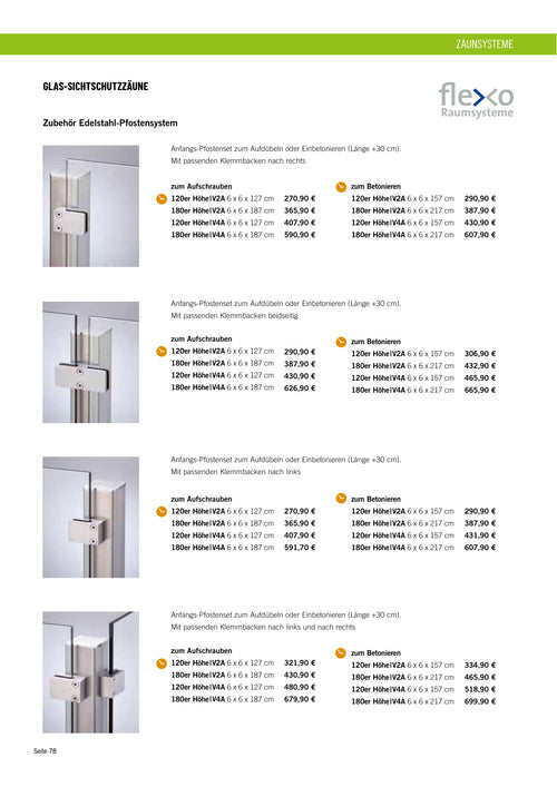 Anfangs-Pfostenset (Klemmbacken nach rechts) - V2A zum Aufschrauben 120er Höhe 6 x 6 x 127 cm, V2A zum Aufschrauben 180er Höhe 6 x 6 x 187 cm
