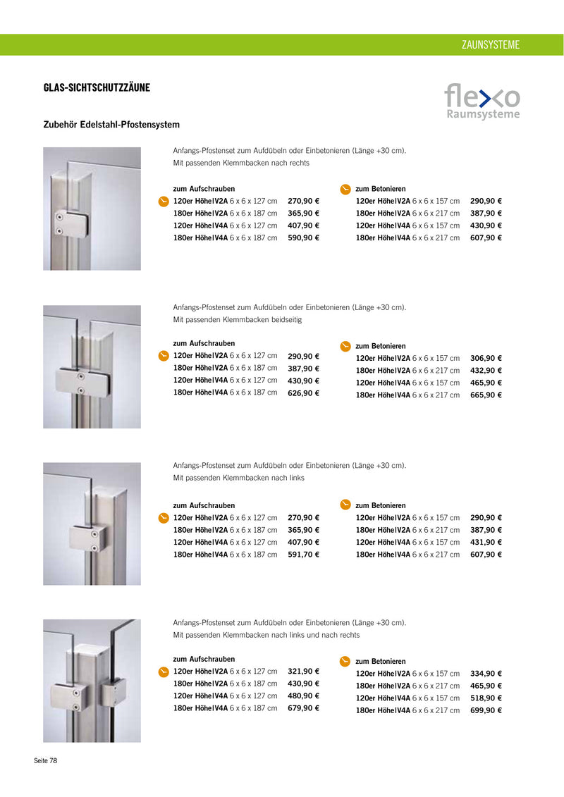 Anfangs-Pfostenset (Klemmbacken nach rechts) - V2A zum Aufschrauben 120er Höhe 6 x 6 x 127 cm, V2A zum Aufschrauben 180er Höhe 6 x 6 x 187 cm